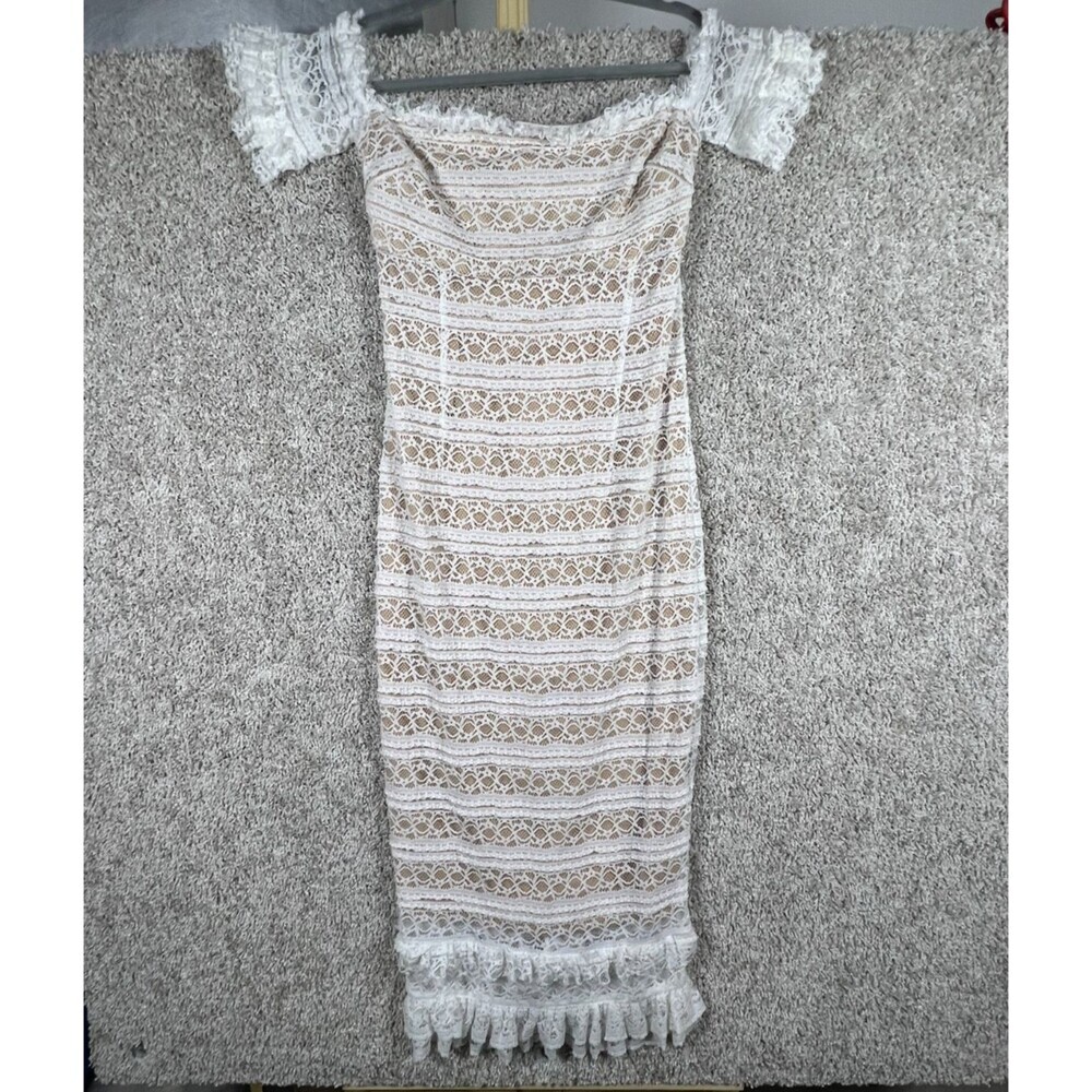 LIKLEY Milaro Off-The-Shoulder Dress 2 Ivory White Lace Bodycon Ruffle Midi NWT